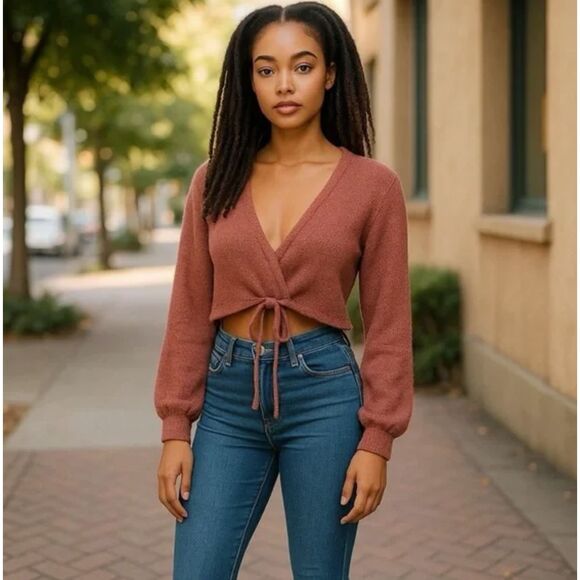 NWT Hollister Pink Chanelle Tie Cropped Sweater Sz L Soft Textured Knit Wrap Top - Picture 1 of 11